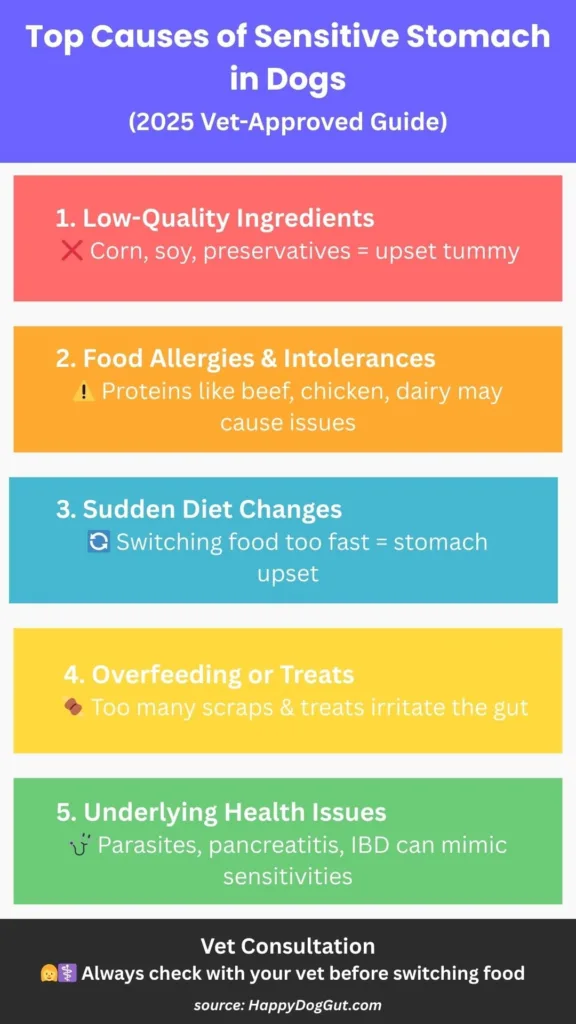 Infographic showing common causes of sensitive stomach in dogs