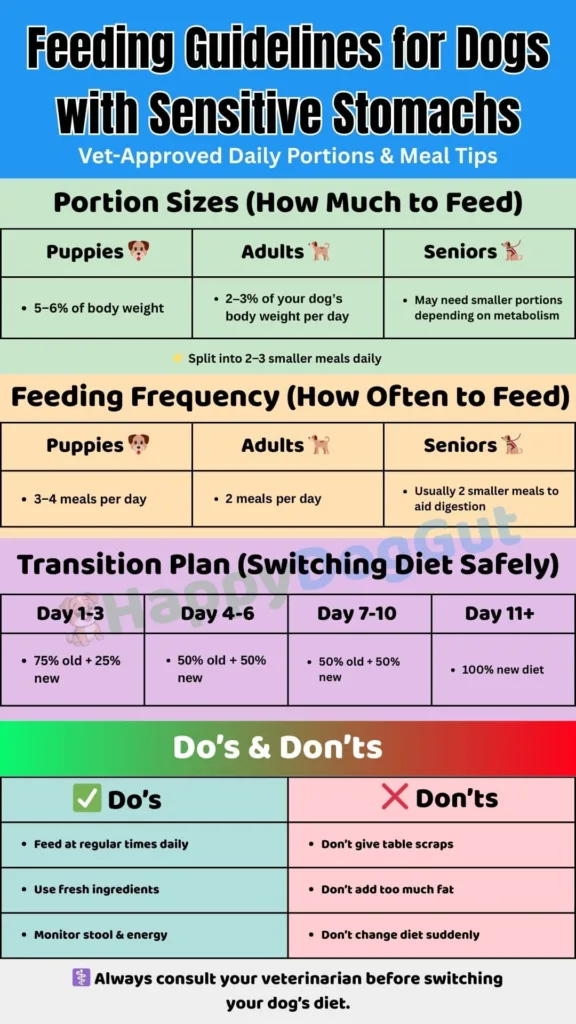 Feeding chart for sensitive stomach dog diet with portion sizes and schedule