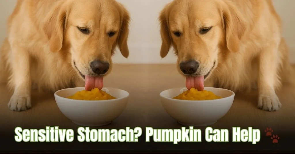 Golden Retriever eating messy pumpkin from bowl for sensitive stomach support