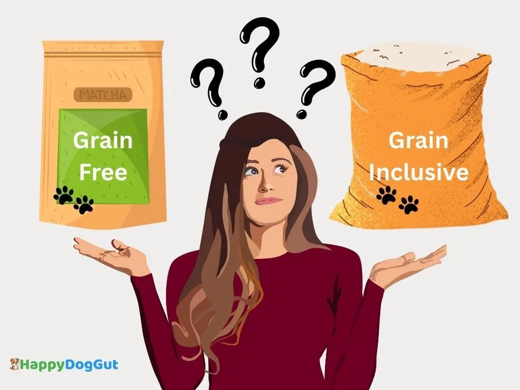 Woman confused choosing between grain-free and grain-inclusive dog food for sensitive stomach dogs