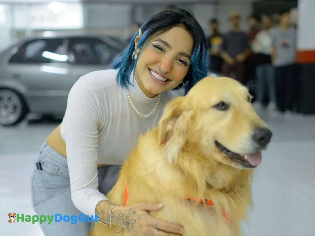 Happy dog with owner after improved gut health