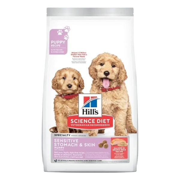 Hill’s Science Diet Puppy Sensitive Stomach & Skin formula bag for digestive support.