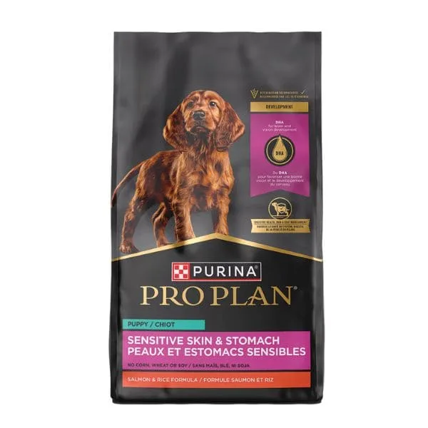 Purina Pro Plan Sensitive Stomach Puppy Food with salmon and rice formula.