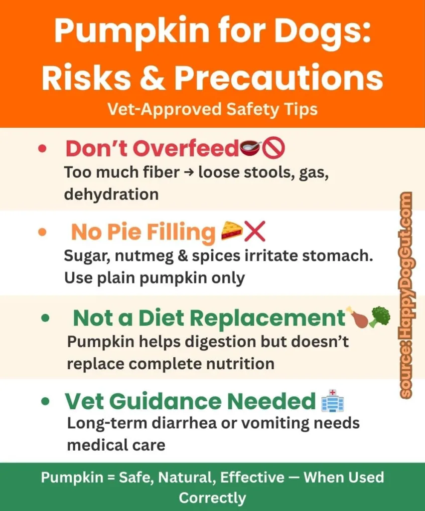 Infographic showing risks and precautions of feeding pumpkin to dogs