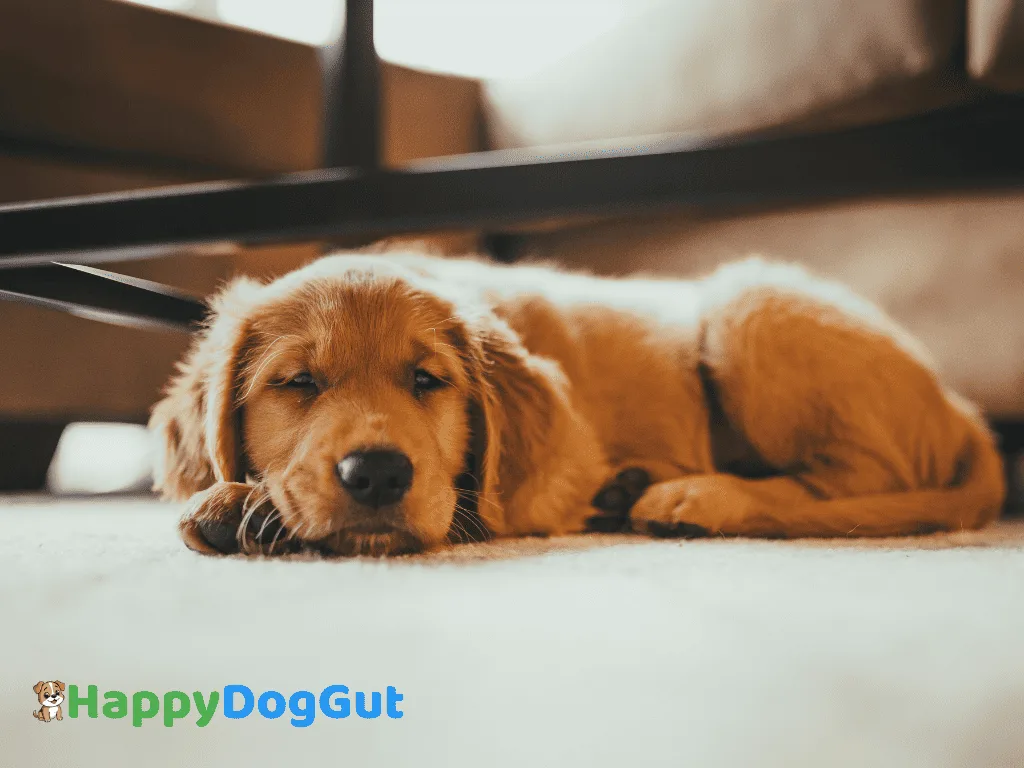 A sad dog lying down with an upset stomach, showing signs of digestive problems.