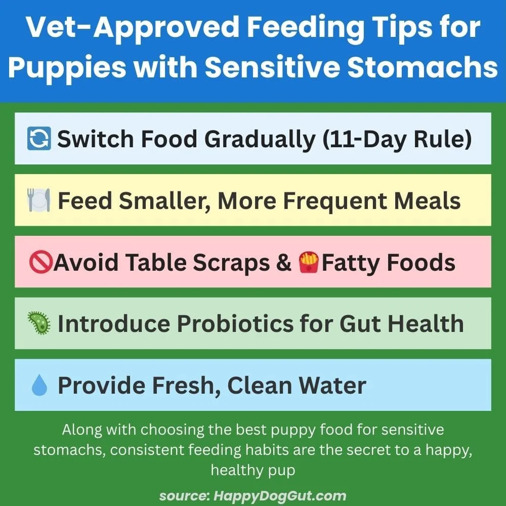 Puppy feeding tips infographic with icons showing gradual food switch, probiotics, hydration, and smaller meals.