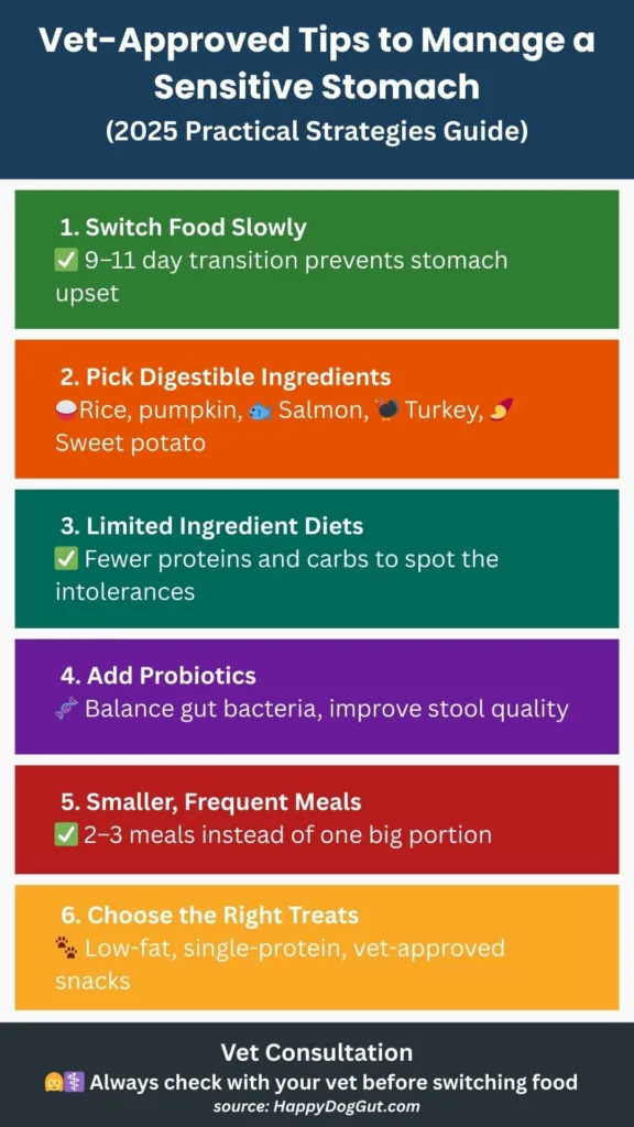 Infographic showing diet transition, probiotics, digestible food, and meal frequency.