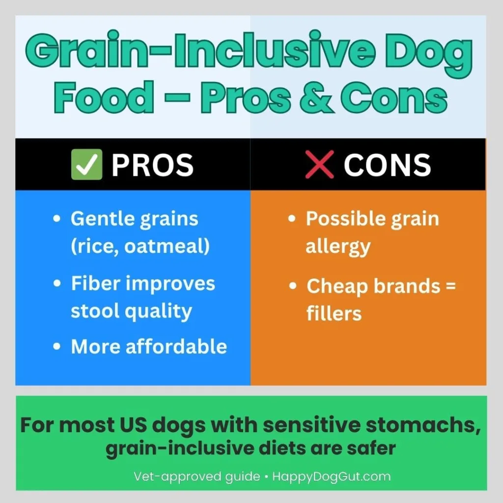 Infographic showing pros and cons of grain-inclusive dog food for sensitive stomachs including rice, oatmeal, affordability, and rare allergies
