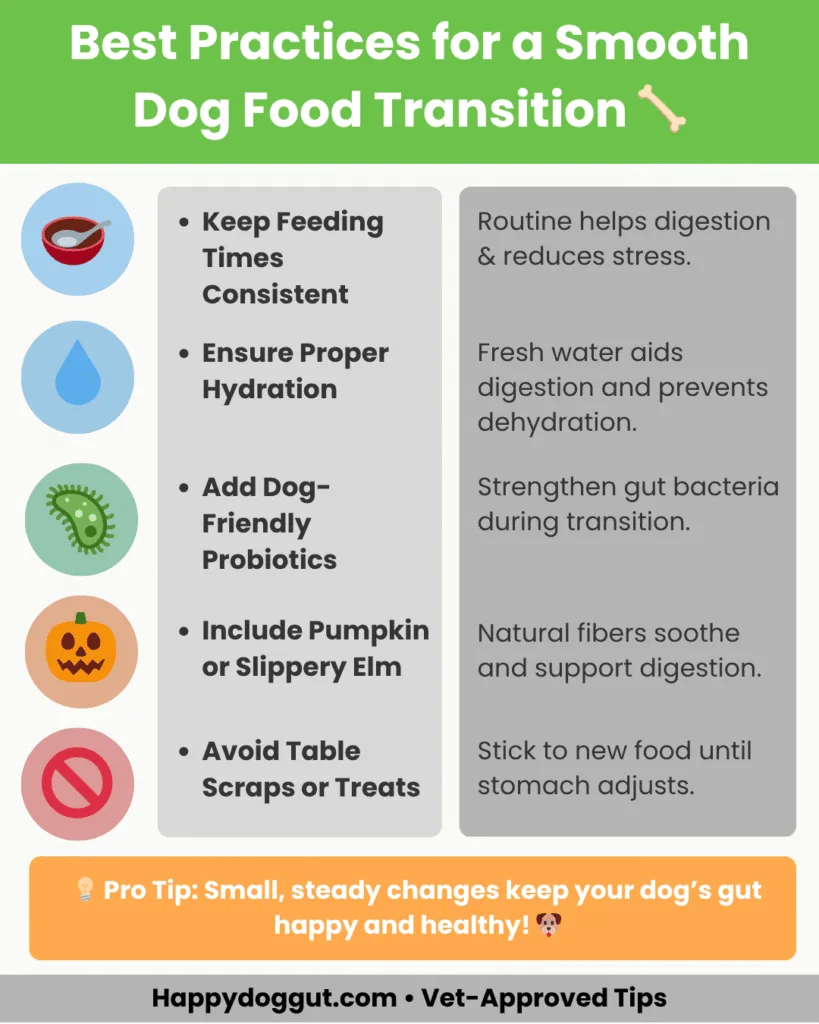 Infographic showing best practices to switch dog food without stomach upset