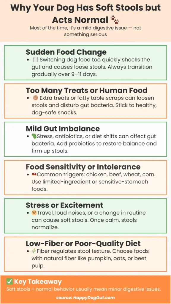Why Does My Dog Have Soft Stools but Is Acting Normal infographic showing common reasons like diet change, stress, and gut imbalance