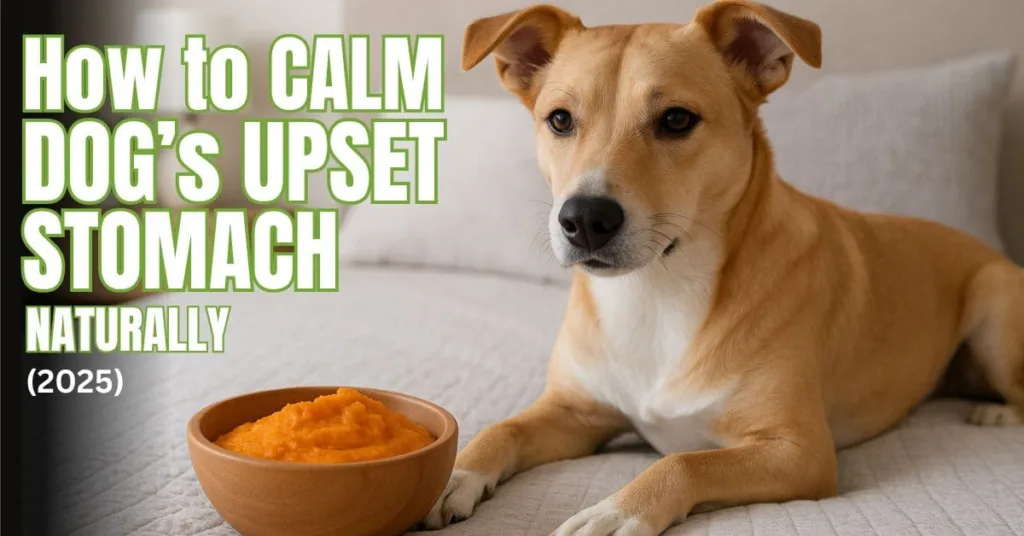 Dog lying on bed with a bowl of pumpkin to soothe upset stomach naturally.