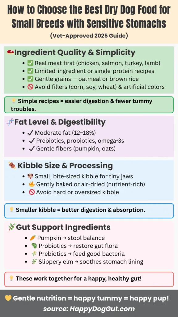 Infographic guide on how to evaluate the best dry dog foods for sensitive stomachs in small breeds