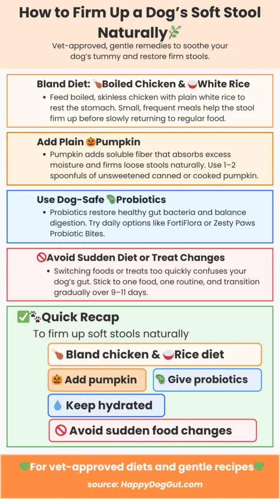 Natural home remedies infographic showing ways to firm up a dog’s soft stool, including pumpkin, probiotics, and bland diet