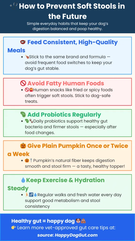 Infographic listing ways to prevent soft stools in dogs, including probiotics, hydration, and a high-quality diet