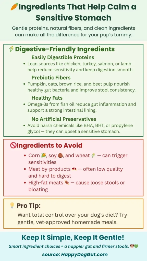 Infographic showing gentle ingredients like pumpkin, rice, and salmon that help calm sensitive dog stomachs.