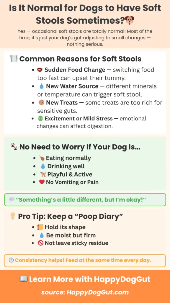 Why Does My Dog Have Soft Stools but Is Acting Normal infographic explaining occasional soft stools in dogs and digestive balance
