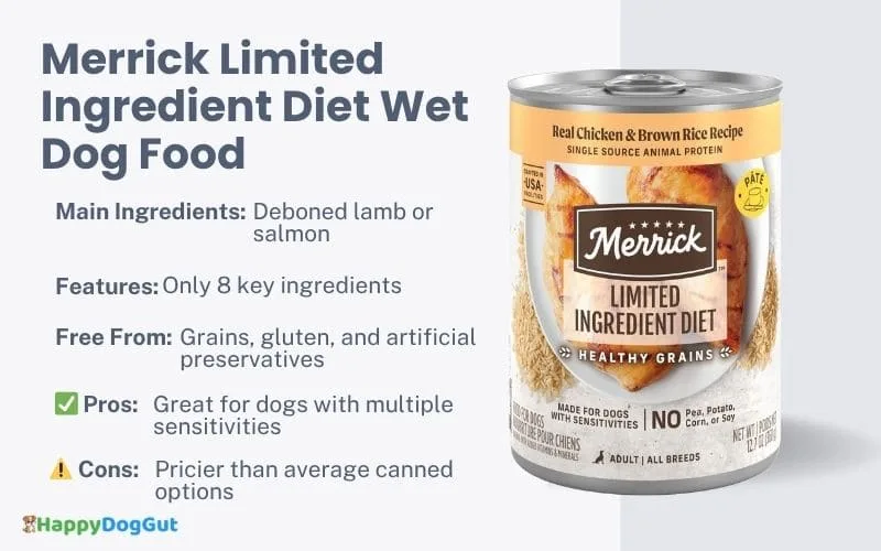 Merrick Limited Ingredient Diet Wet Dog Food can featuring lamb formula for sensitive digestion.