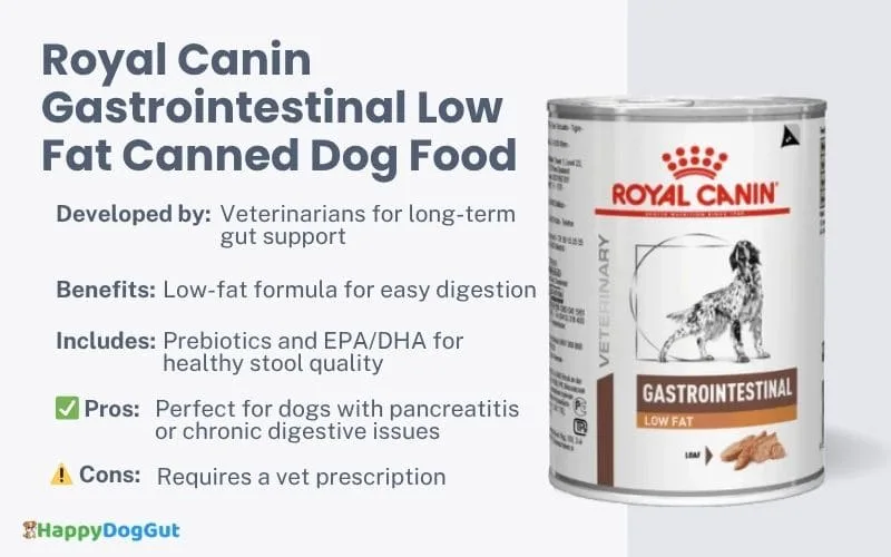Royal Canin Gastrointestinal Low Fat canned dog food for dogs with chronic digestive issues.