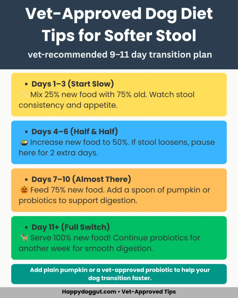 Infographic with vet-approved dog diet tips, including prebiotics, gradual food transition, and high-fiber meals