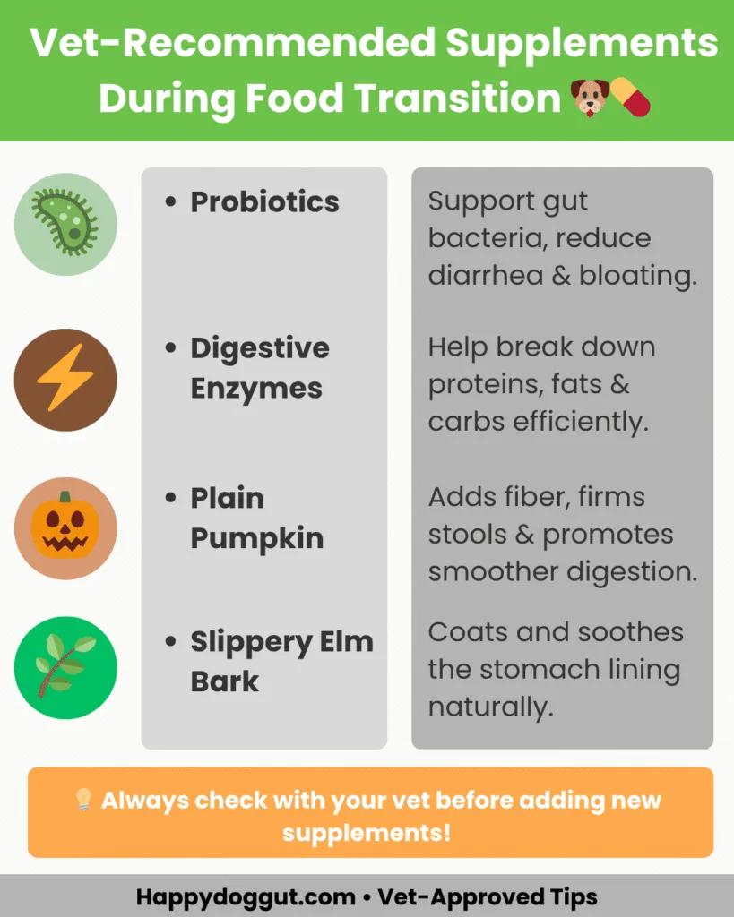 Infographic listing vet-approved supplements like probiotics and digestive enzymes for dogs during food transition