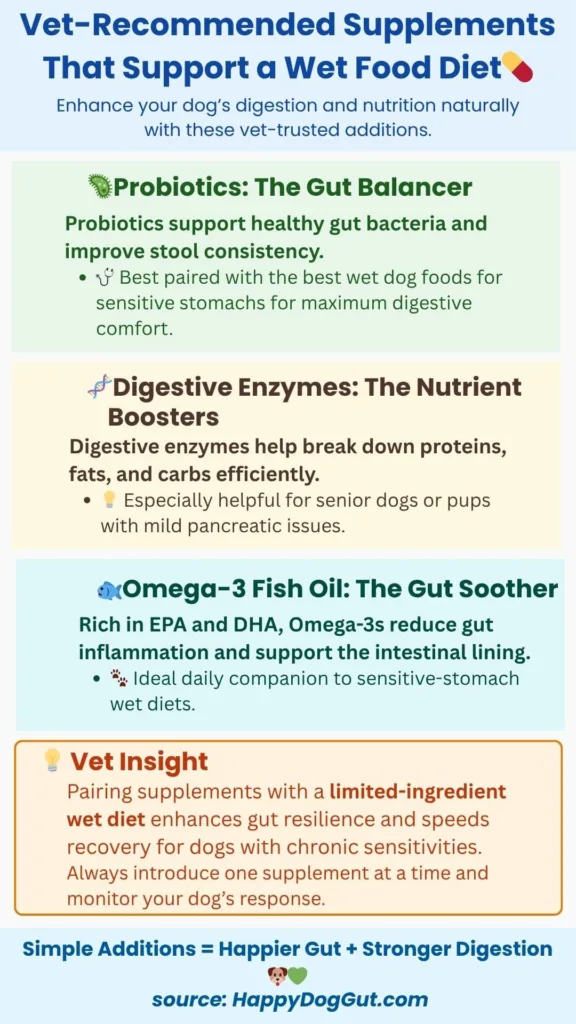 Infographic showing probiotics, omega-3 fish oil, and digestive enzymes that support wet dog food diets.
