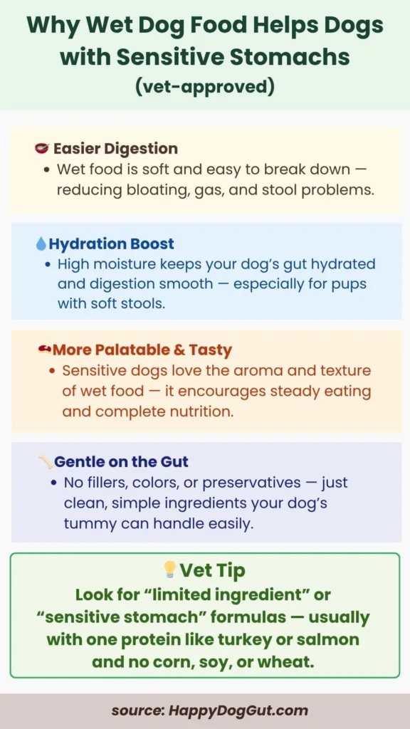Infographic explaining how wet dog food supports digestion, hydration, and gut comfort for sensitive dogs.