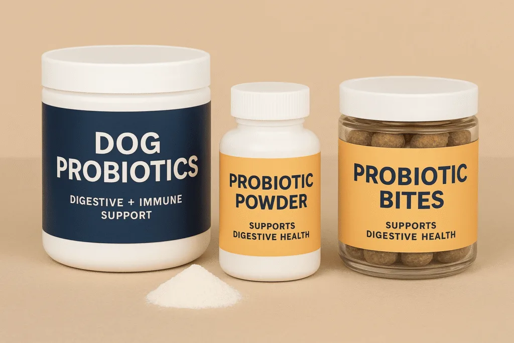 Dog probiotic supplement jars and probiotic powder for dogs with diarrhea recovery