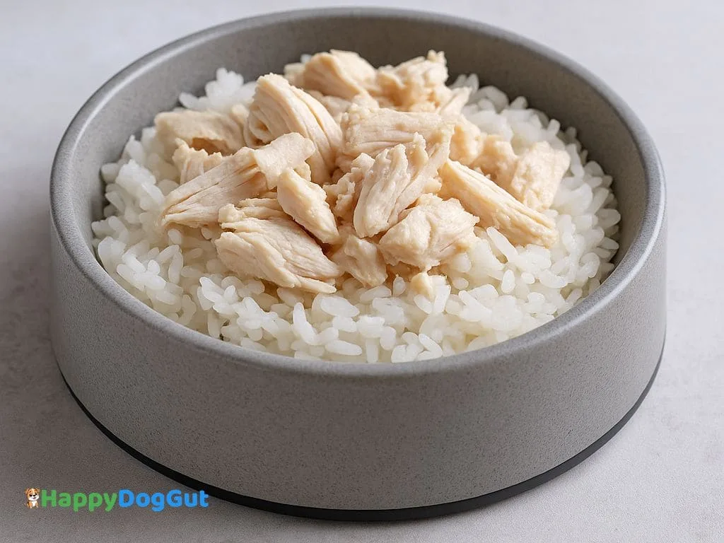 Boiled chicken and white rice in a dog bowl – what to feed a dog after diarrhea