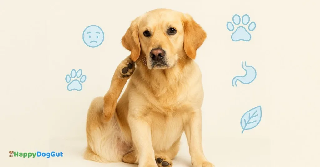 A Golden Retriever sitting calmly while gently scratching its ear, representing early signs of food intolerance in dogs.