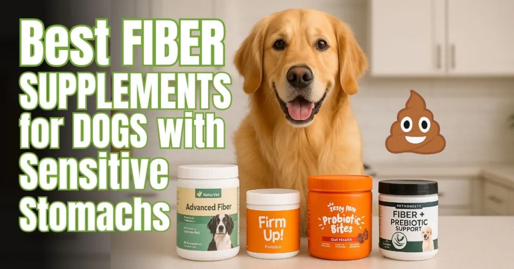Golden Retriever sitting with fiber supplements on a kitchen counter, representing the best fiber supplements for dogs with sensitive stomachs.
