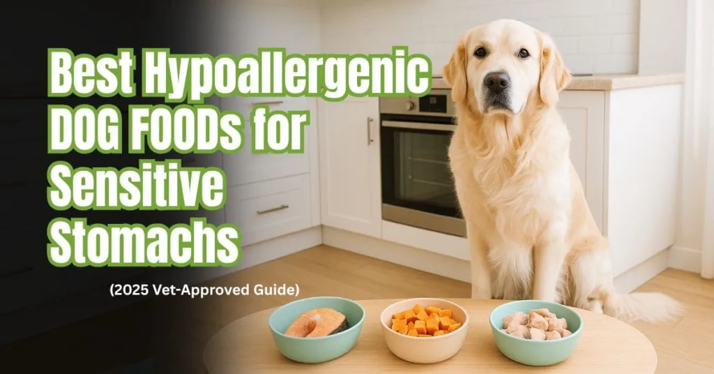 Golden Retriever sitting beside bowls of hypoallergenic dog food for sensitive stomachs in a bright kitchen