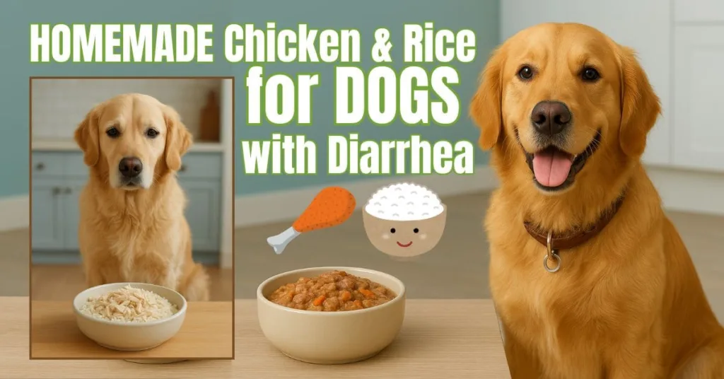 A golden retriever dog with a bowl of homemade chicken and rice for dogs with diarrhea