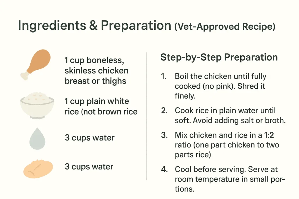 Step-by-step infographic showing ingredients and recipe to make chicken and rice for dogs with diarrhea