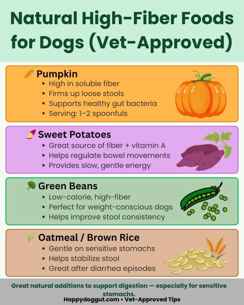 Infographic showing natural high-fiber foods for dogs such as pumpkin, sweet potatoes, green beans, and oatmeal.
