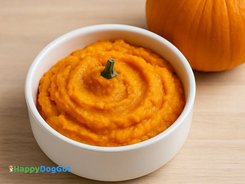 Plain pumpkin puree in a dog bowl – what to feed a dog after diarrhea
