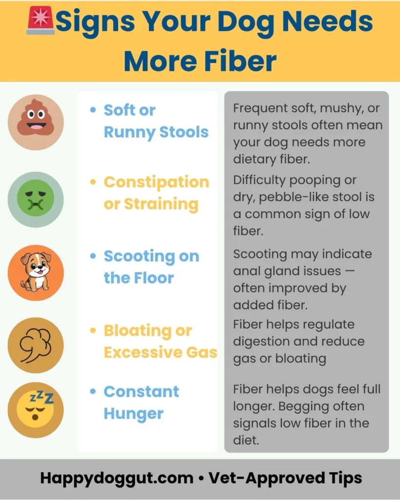 Infographic listing signs a dog needs more fiber such as soft stools, constipation, gas, and scooting.