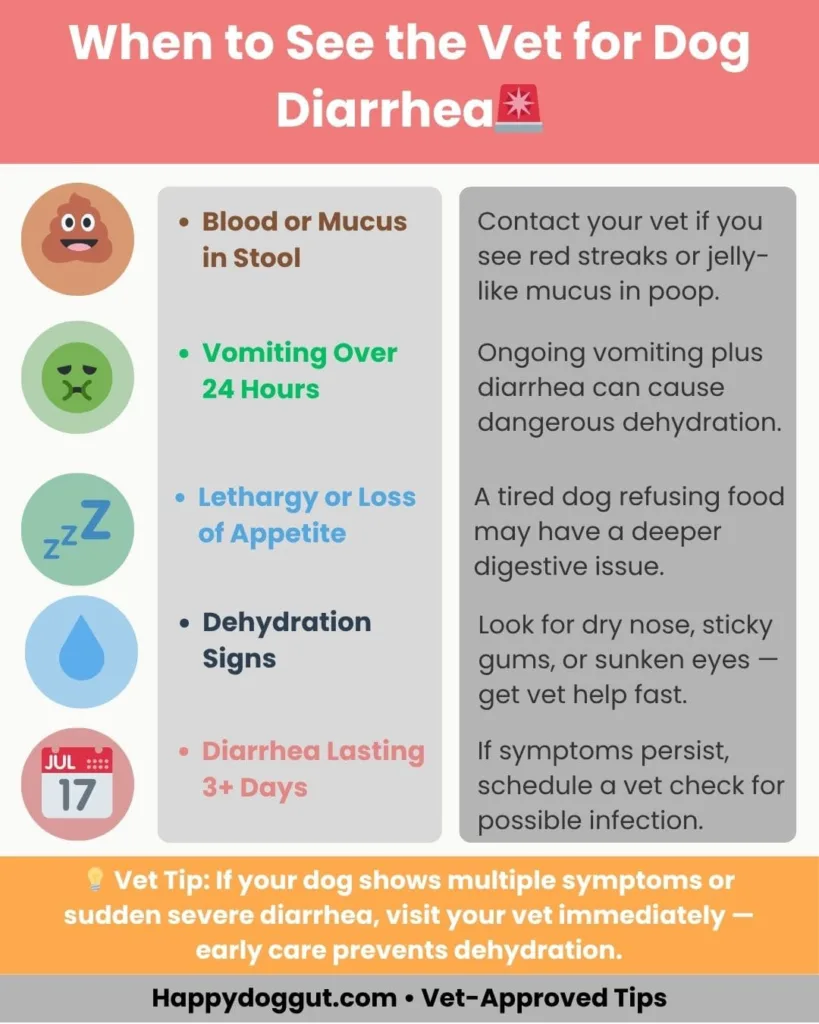 Infographic showing when to call a vet – what to feed a dog after diarrhea