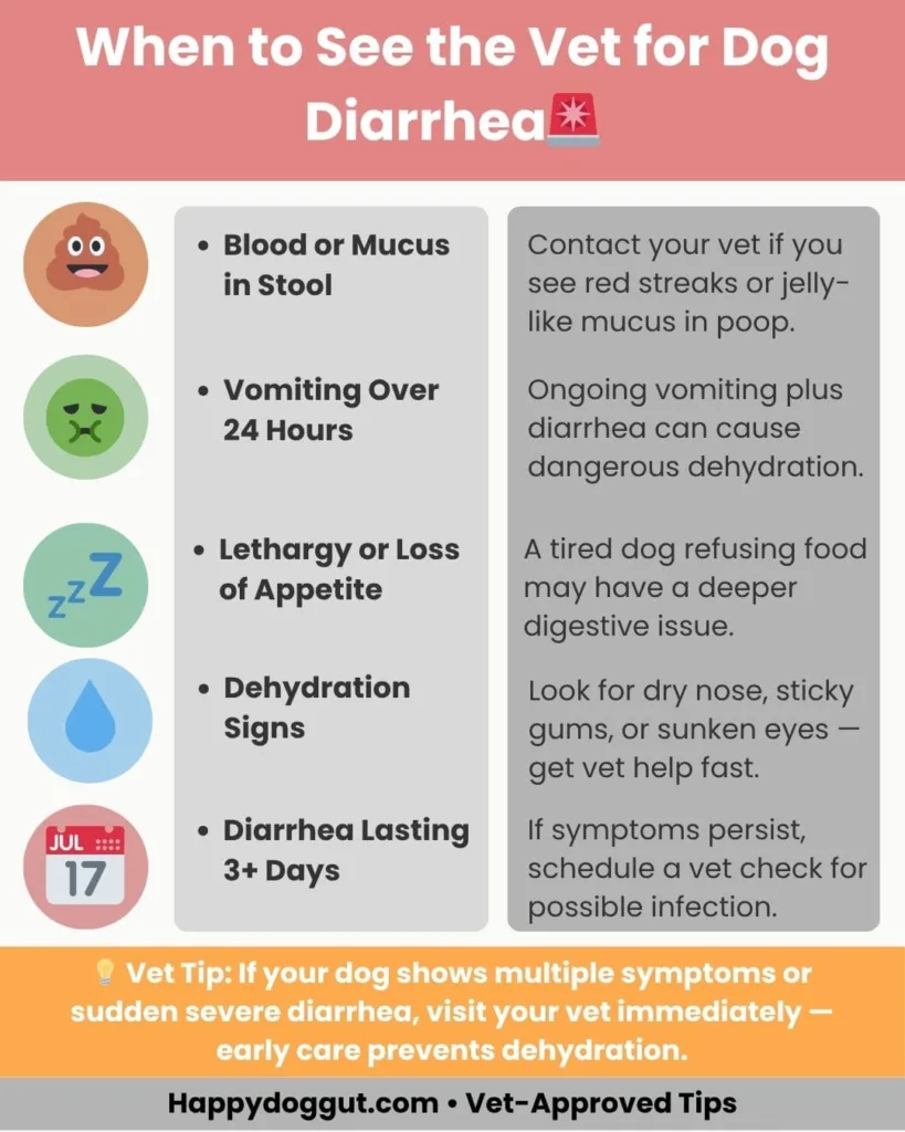 Infographic showing when to see a vet if your dog has diarrhea and symptoms to monitor