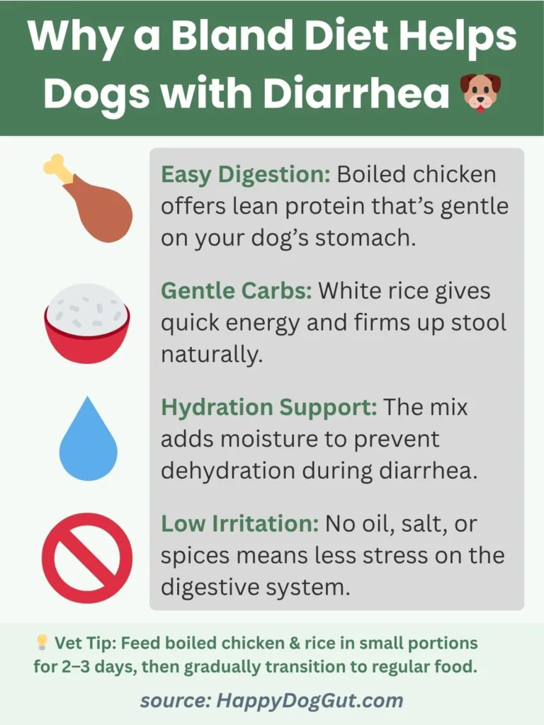 Infographic explaining why homemade chicken and rice help dogs with diarrhea and upset stomachs