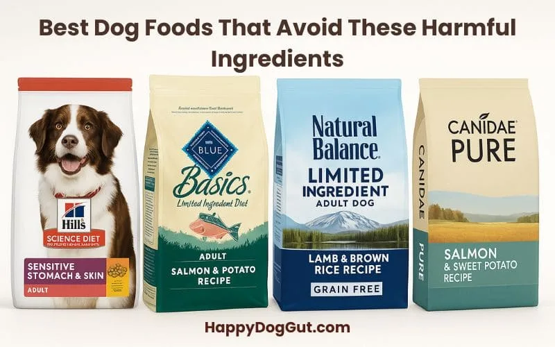 Clean product photo showing Hill’s Sensitive Stomach, Blue Buffalo LID, Natural Balance LID, and Canidae PURE dog food bags.