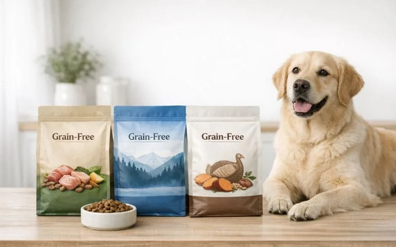 Best grain-free dog foods for sensitive stomachs shown in a clean, neutral product group image