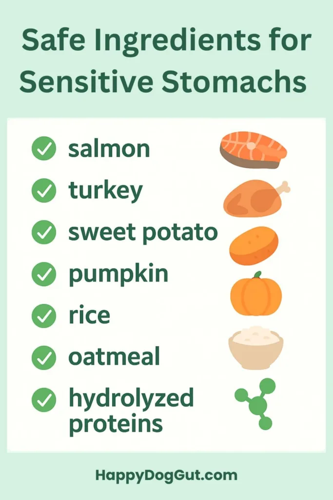 Infographic showing safe ingredients like salmon, turkey, pumpkin, sweet potato, oatmeal, rice, and hydrolyzed proteins.