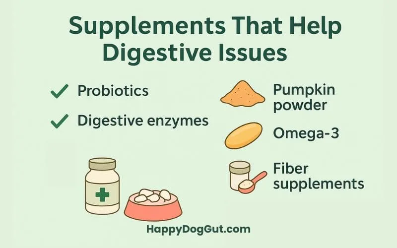 Infographic showing probiotics, digestive enzymes, pumpkin powder, omega-3, and fiber supplements.