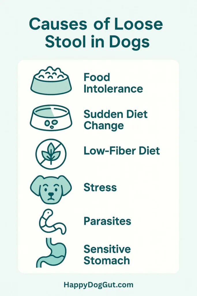 Infographic showing causes of loose stool in dogs including food intolerance, stress, parasites, and low fiber diet.