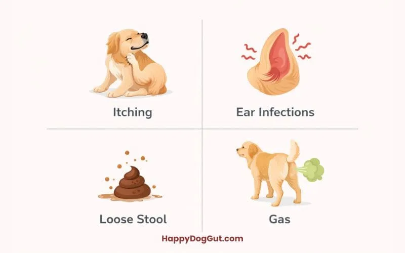 Icons showing itching, ear infections, loose stool, and gas in dogs