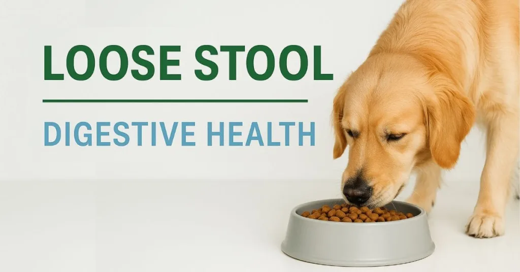 Dog eating food labeled digestive health to help loose stool and sensitive stomach issues.