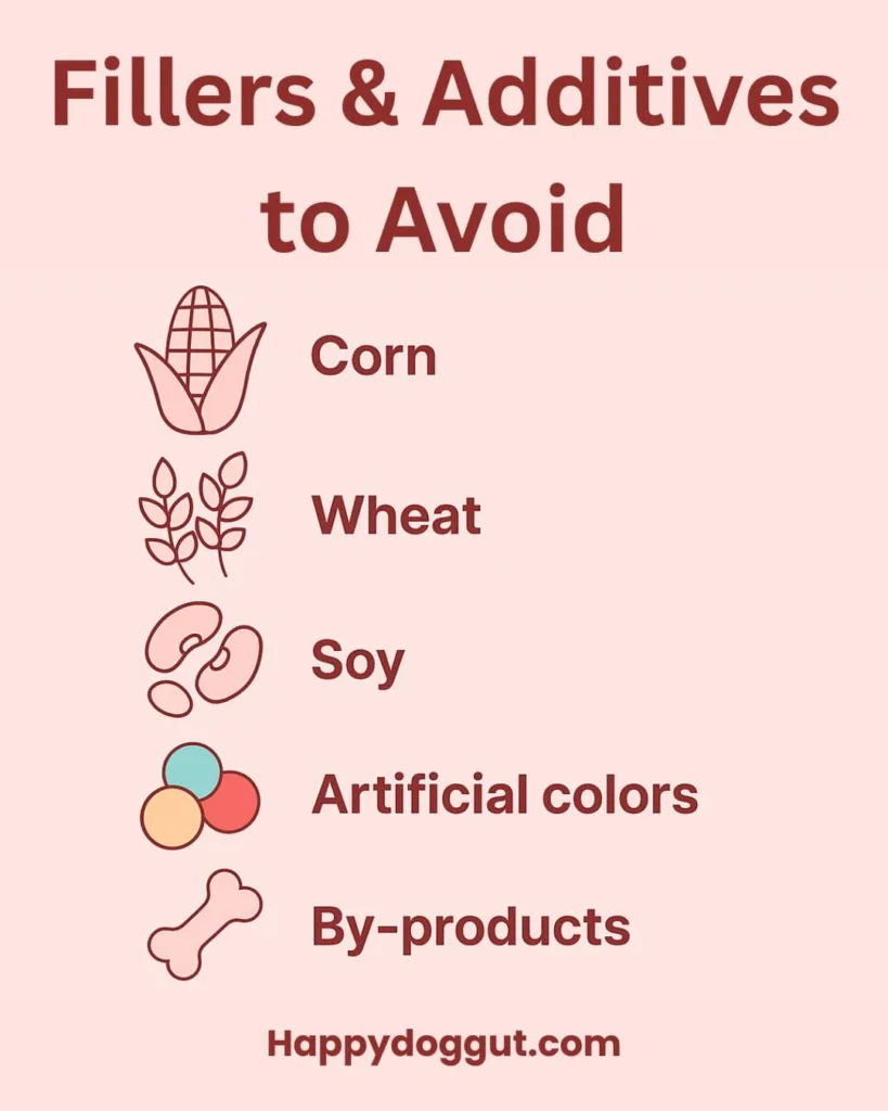 Infographic showing dog food ingredients to avoid for sensitive stomachs, including corn, wheat, soy, artificial colors, and by-products.