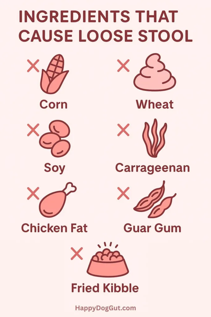Infographic listing dog food ingredients that cause loose stool such as corn, wheat, soy, and gums