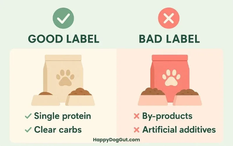 Infographic comparing good vs bad dog food labels, showing single proteins and clear carbs vs by-products and artificial additives, focused on dog food ingredients to avoid for sensitive stomachs.