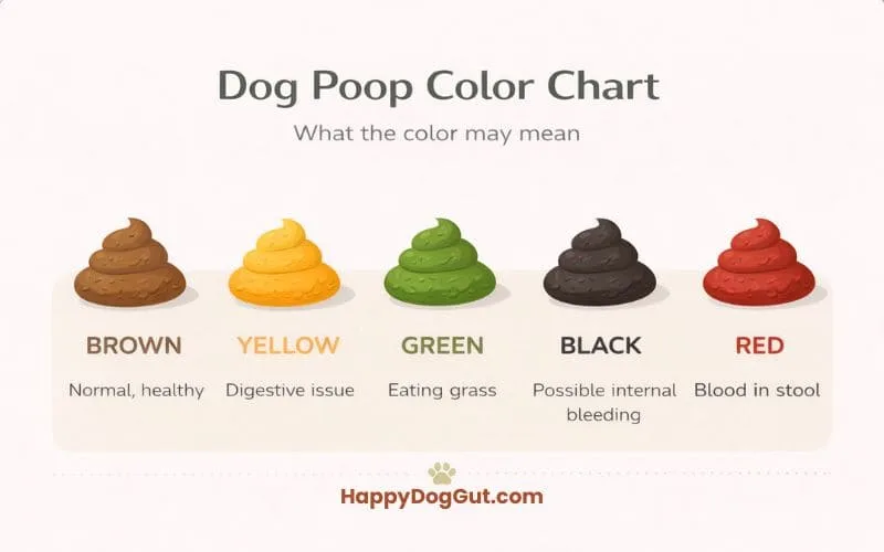 dog poop color chart showing brown, yellow, green, black, and red stool meanings